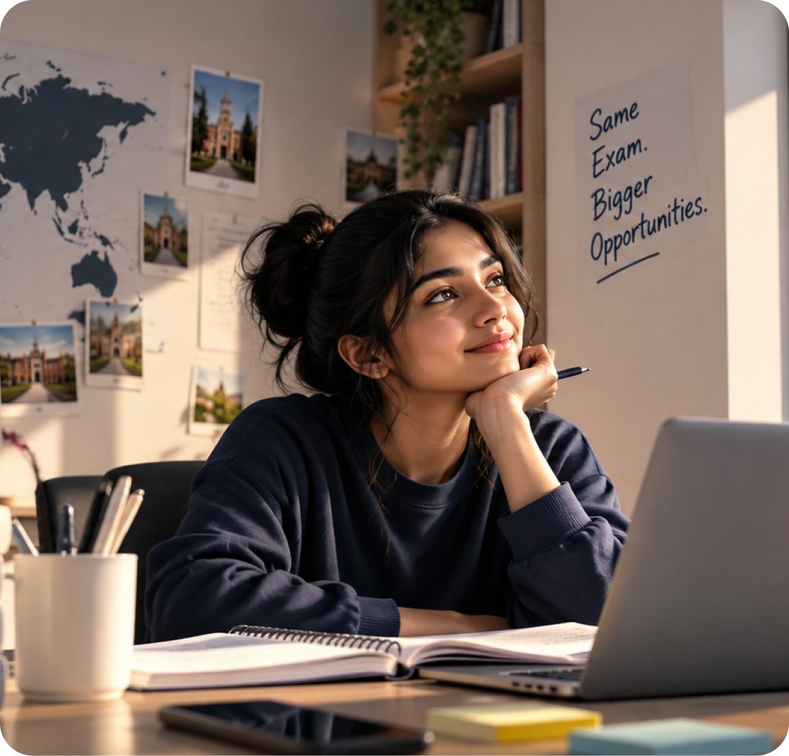 Student at a desk thinking about global university options